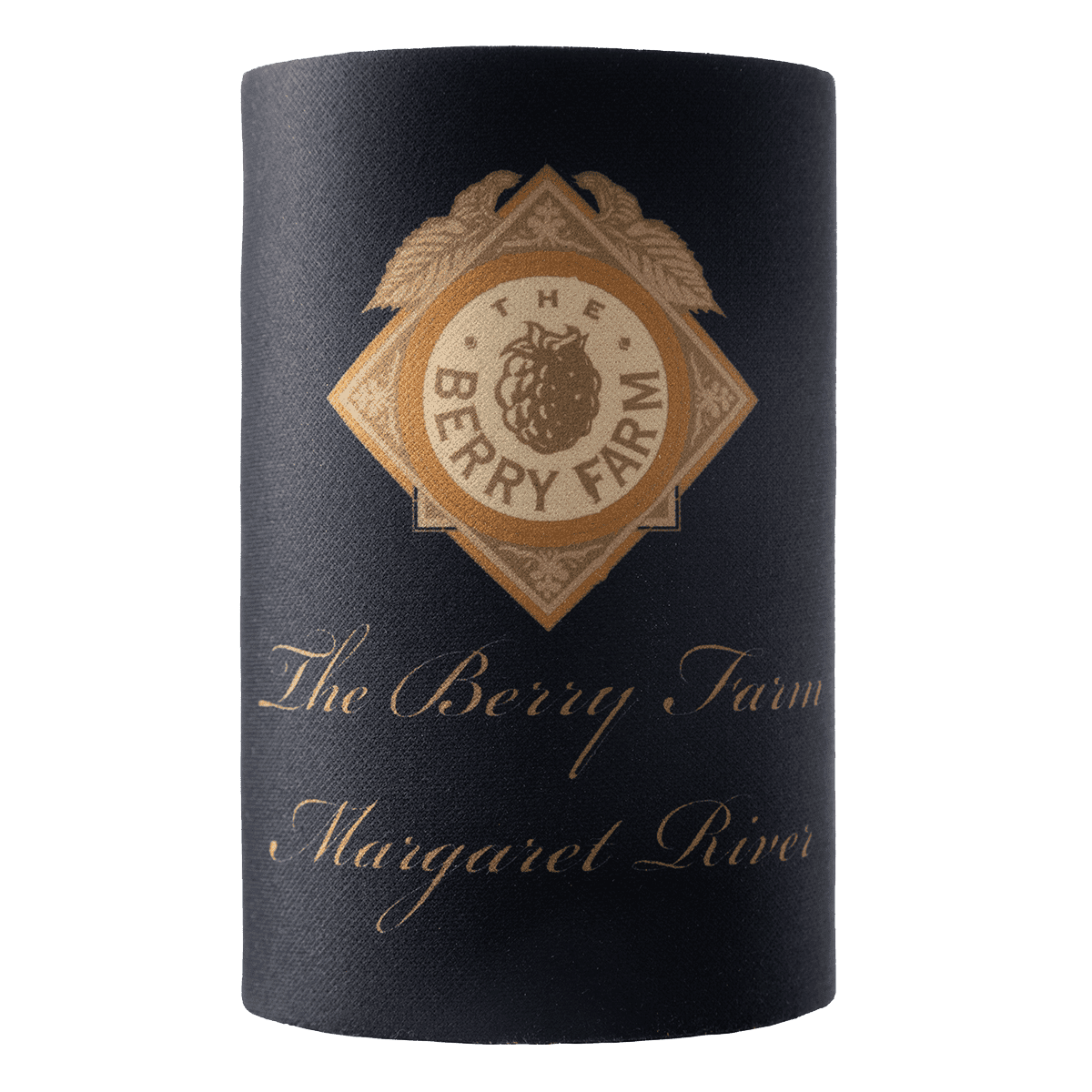 A black Berry Farm stubby holder