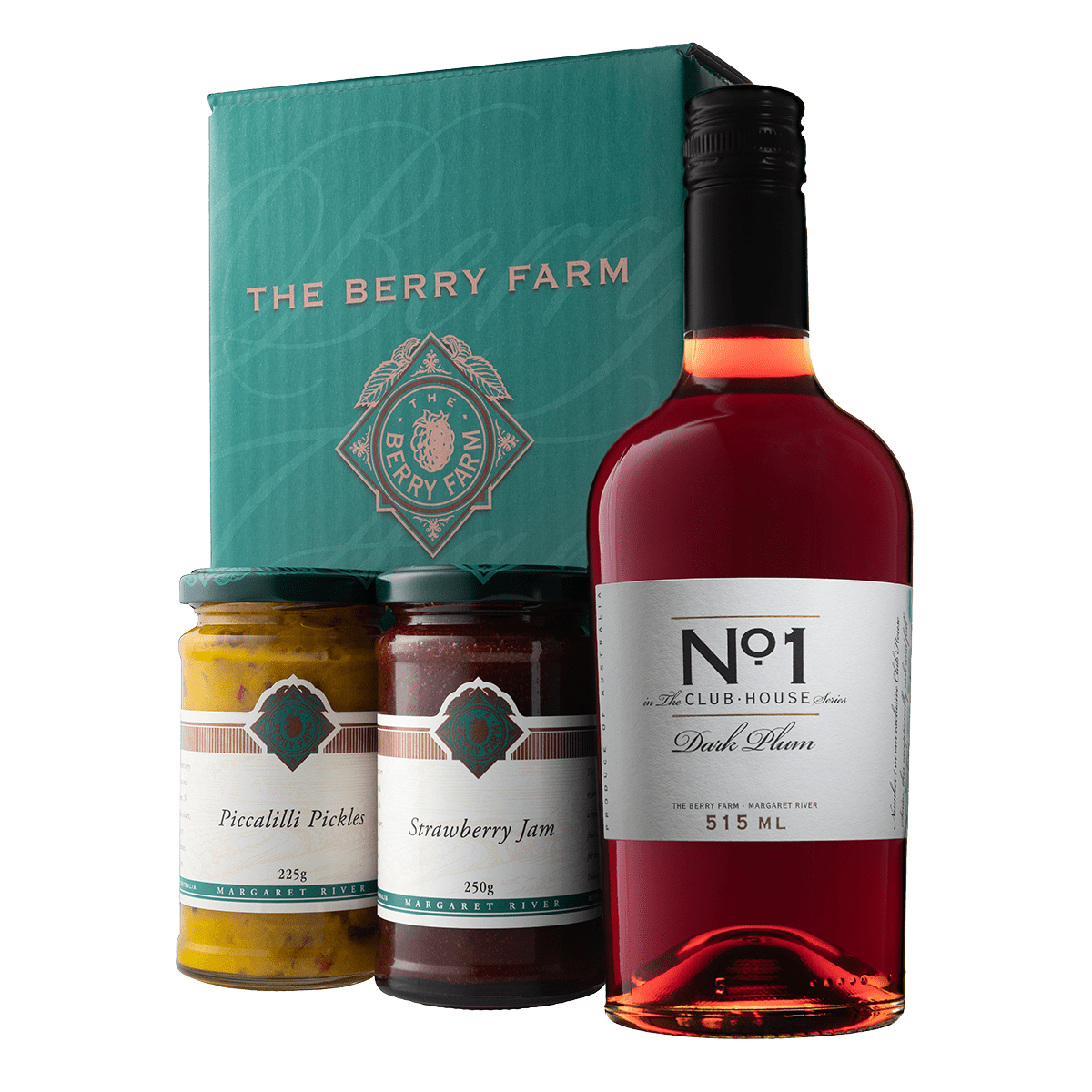 A bottle of Dark Plum Fortified Wine, Strawberry Jam and Piccalilli Pickles