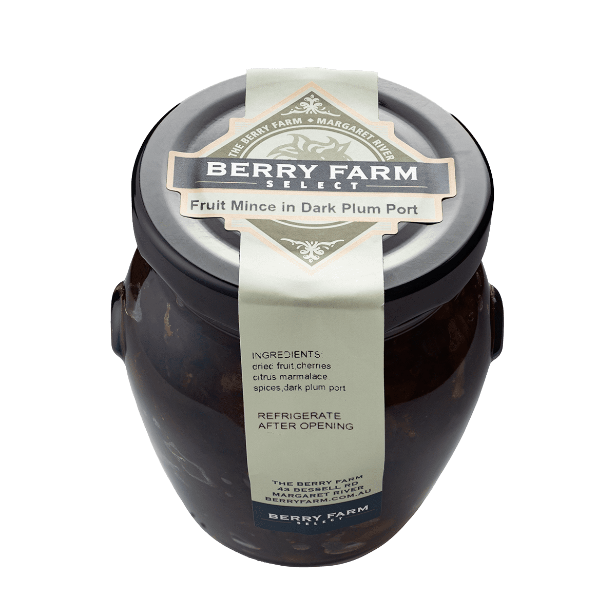 A jar of Fruit Mince in Dark Plum Port
