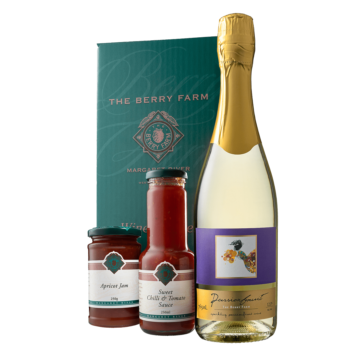 A bottle of Passionfruit Sparkling Wine, Sweet Chilli & Tomato Sauce and Apricot Jam