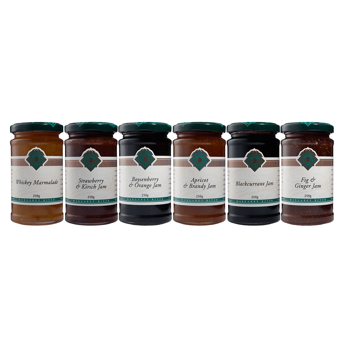 Six bottles of different jams